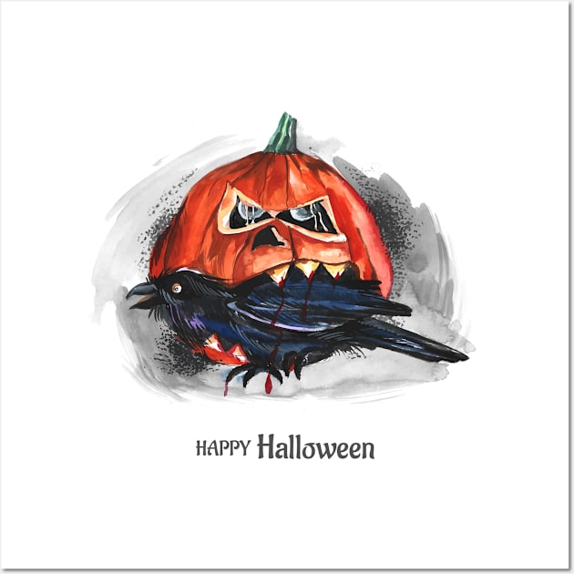 Happy Halloween Pumpkin Eating Raven Wall Art by Mako Design 